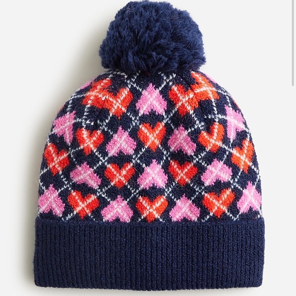 NWT Crewcuts Kids/Girls Navy Heart Argyle Super-soft Beanie w/ Pom, Size L/XL